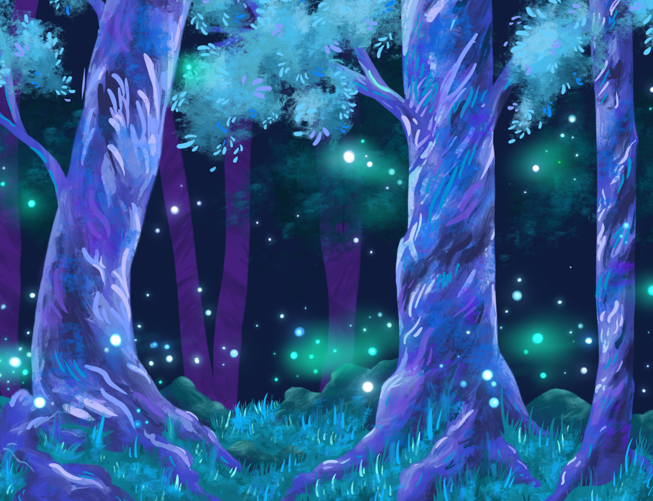 Fantasy forest with glowing trees under a starry night sky